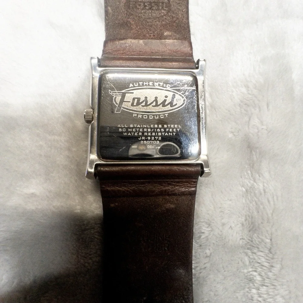 Fossil JR-9272 Square Watch Wide Leather Band 42mm Mens Watch 5atm Sunburst Dial